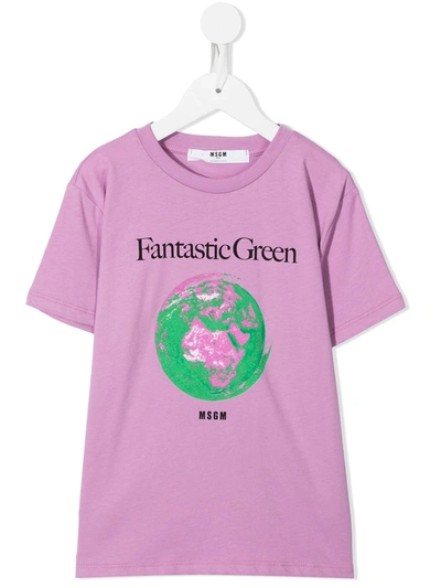 Msgm Kids' Planet Crew-neck T-shirt In Lilla