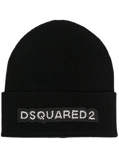 Dsquared2 Crystal Embellished Logo Beanie In Black
