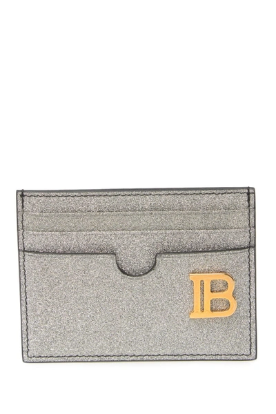 Balmain Glitter Leather Card Holder In Silver