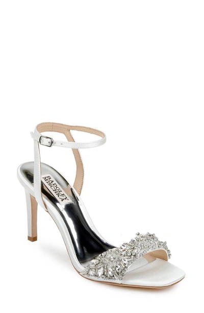 Badgley Mischka Rider Crystal Satin Ankle-strap High-heel Sandals In Soft White Satin