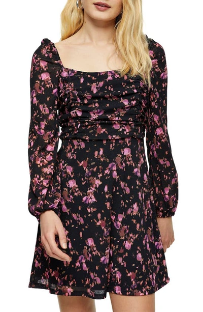 Topshop Ruched Bust Tea Dress In Blurred Floral Print-multi