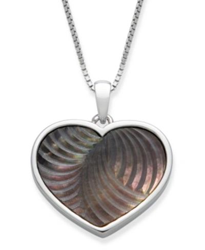 Macy's Black Mother Of Pearl 16x13mm Heart Shaped Pendant With 18" Chain In Sterling Silver