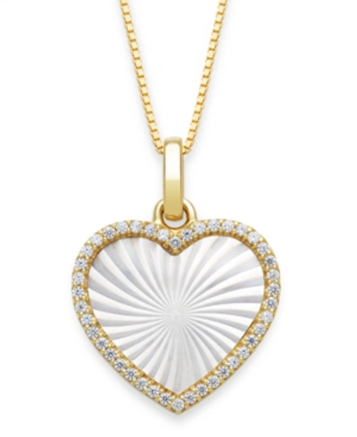 Macy's Mother Of Pearl 14x13mm And Cubic Zirconia Heart Shaped Pearl Pendant With 18" Chain In Gold Over Si In White