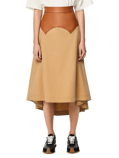 Loewe Obi Asymmetric Leather And Cotton-twill Midi Skirt In Beige,brown
