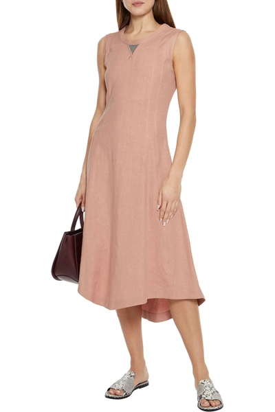 Brunello Cucinelli Asymmetric Bead-embellished Linen-blend Midi Dress In Blush