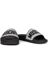 MOSCHINO APPLIQUÉD GLITTERED FAUX LEATHER SLIDES,3074457345624871742
