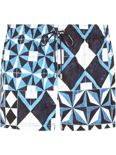 Dolce & Gabbana Majolica Print Drawstring Swim Shorts In White/blue/light Blue