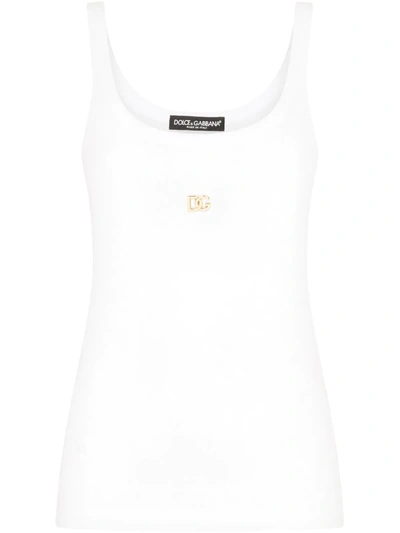 Dolce & Gabbana Metal Logo Ribbed Cotton Jersey Tank Top In White