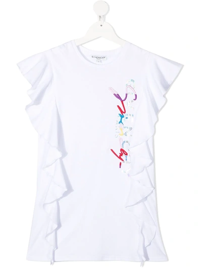 Givenchy Kids' Logo印花荷叶边连衣裙 In White