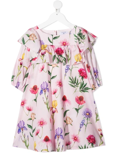 Monnalisa Kids' Floral Ruffle Shift Dress In Pink