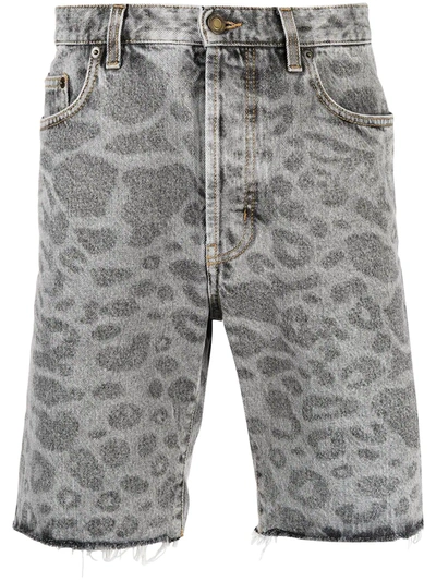 Saint Laurent Grey Leopard Print Denim Bermuda Shorts