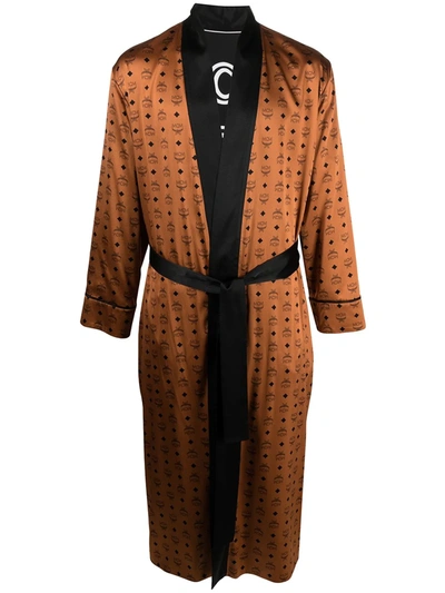 Mcm Mens Cognac Brand-print Belted Silk-blend Dressing Gown M