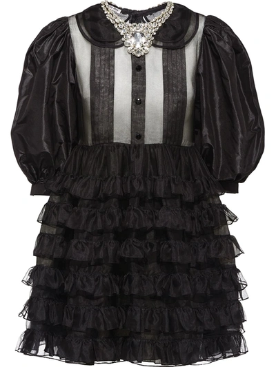 Miu Miu Crystal-embellished Ruffle-detail Dress In Black