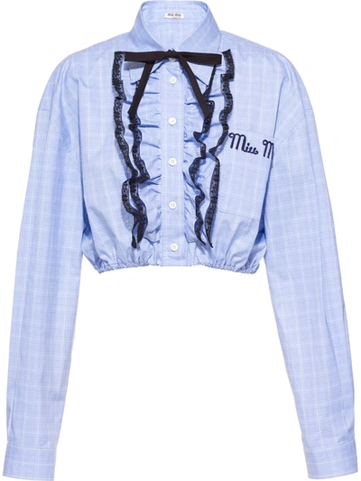 Miu Miu Embroidered-logo Ruffle-detail Shirt In Blue