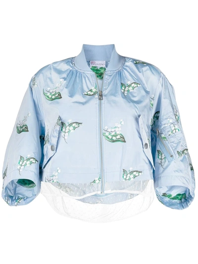 Red Valentino Leaf-print Cropped Bomber Jacket In Blue
