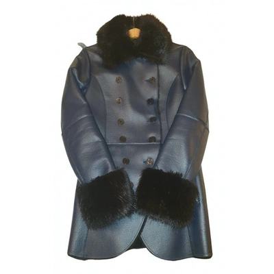 Pre-owned Trussardi Leather Peacoat In Blue
