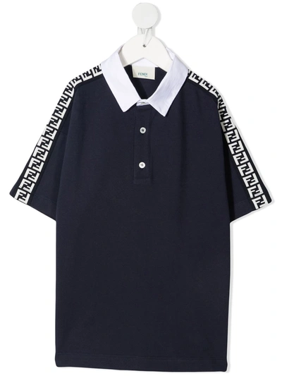 Fendi Kids' Ff Logo织带polo衫 In Navy