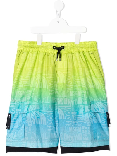 Msgm Kids' Green And Blue Shorts With Logo