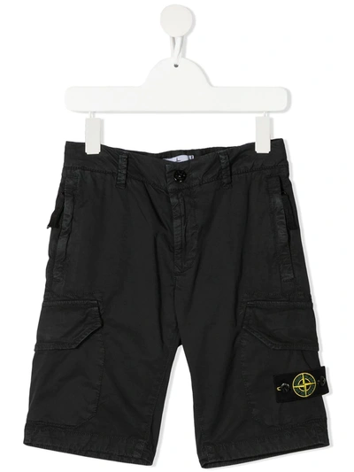 Stone Island Kids Black Cotton Cargo Shorts In Blue