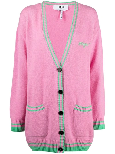Msgm Contrast-trim V-neck Cardigan In Pink