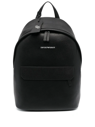 Emporio Armani Backpack In Regenerated Leather With Saffiano Print In Black