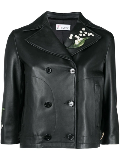 Red Valentino Double Breasted Leather Jacket With Embroidery In Black