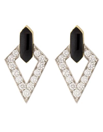David Webb Motif 18k Yellow Gold, Platinum, Double Diamond & Black Enamel Earrings