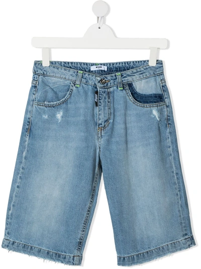 Msgm Teen Distressed-effect Denim Shorts In Blue