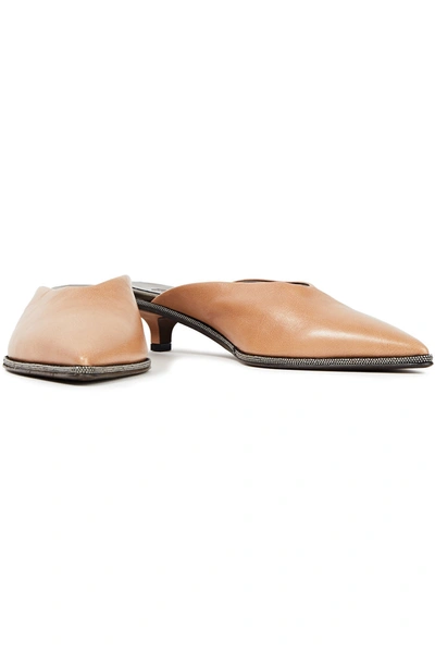 Brunello Cucinelli Bead-embellished Leather Mules In Sand