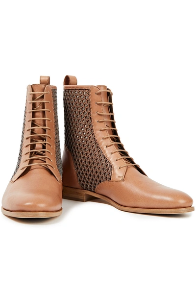 Brunello Cucinelli Tulle-trimmed Laser-cut Embellished Leather Combat Boots In Light Brown