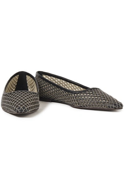 Brunello Cucinelli Bead-embellished Laser-cut Leather Point-toe Flats In Black