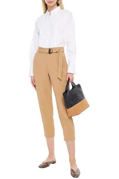 Brunello Cucinelli Bead-embellished Belted Crepe Tapered Pants In Sand