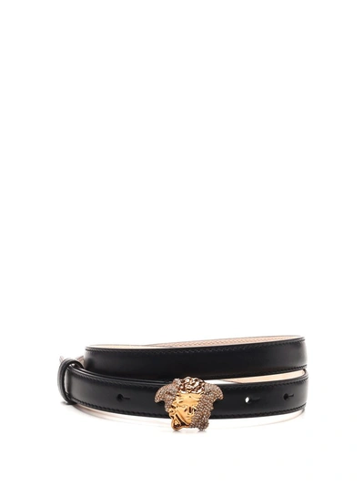 Versace Palazzo Dia Belt With Crystal-encrusted Medusa Buckle In Black