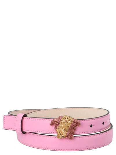 Versace Palazzo Dia Belt With Crystal-encrusted Medusa Buckle In Flamingo Pink-ves