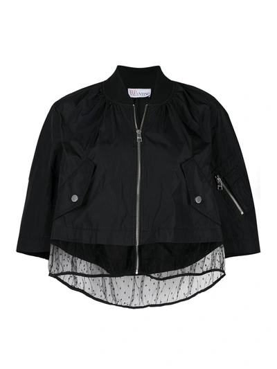 Red Valentino Tulle Point D'esprit Trim Bomber Jacket In Black