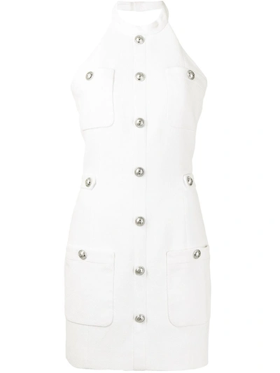 Balmain Monogram Mini Dress W/ Button Detail In White
