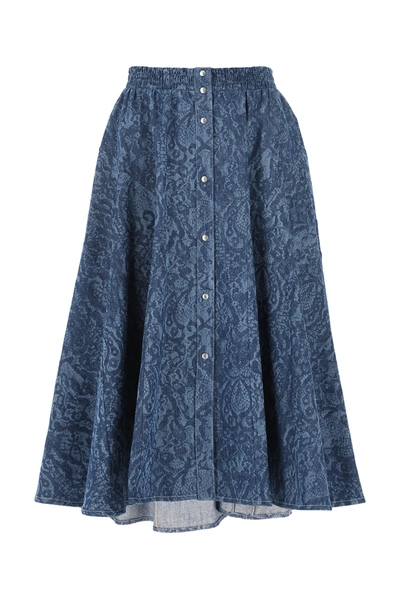 Koché Lace Print Denim Skirt In Blue