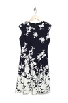 London Times Monotone Floral Print Fit And Flare Dress In Navy,ivory