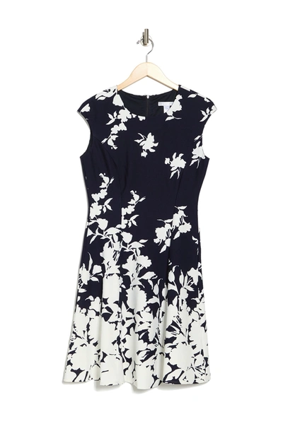 London Times Monotone Floral Print Fit And Flare Dress In Navy Ivory
