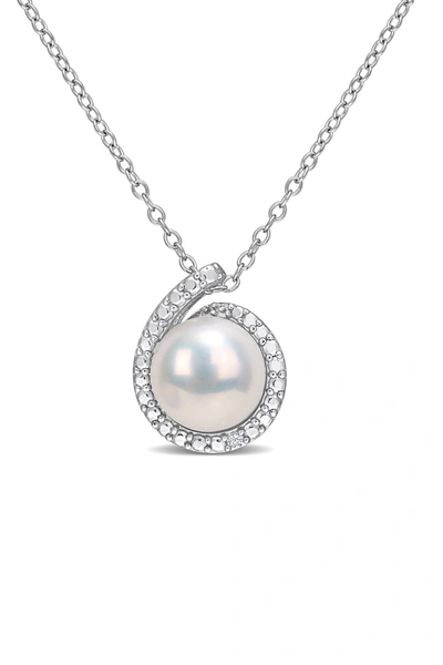 Delmar Sterling Silver 8.5mm Cultured Freshwater Pearl & Diamond Pendant In White
