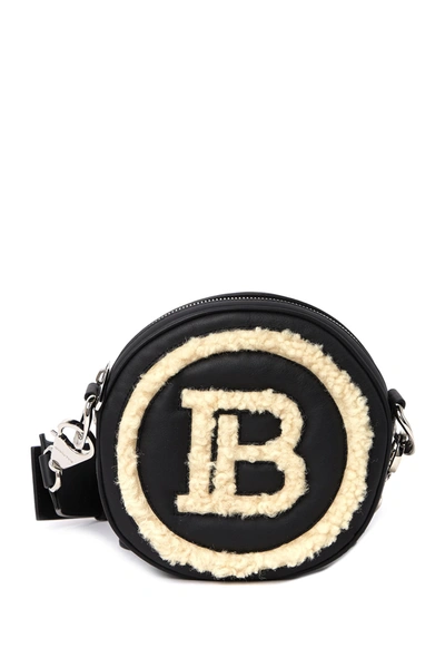 Balmain Genuine Shearling Trim Disco Mini Logo Bag In Black/natural