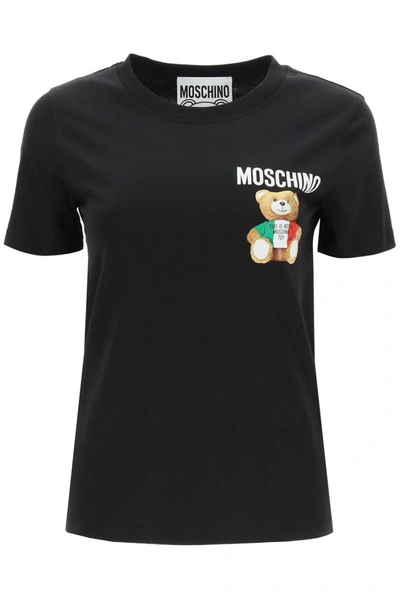 Moschino Italian Teddy Bear Print T-shirt In Black