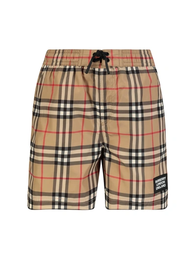 Burberry Kids' Little Boy's & Boy's Kb7 Kameron Check Swim Trunks In Beige