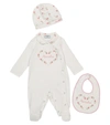Monnalisa Baby Cotton Onesie, Hat And Bib Set In White