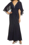 Vince Camuto Embellished-neck Capelet Gown In Navy