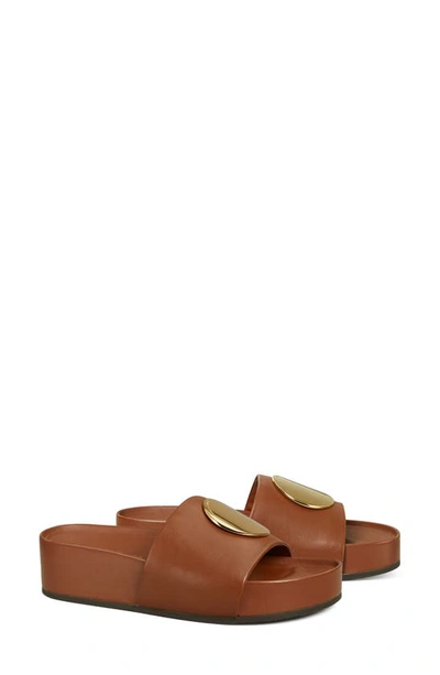 Tory Burch Patos Leather Platform Slide Sandals In Burnt Cuoio