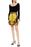 VERSACE LEATHER-TRIMMED QUILTED PRINTED SILK-SATIN MINI SKIRT,3074457345624902313