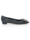 Manolo Blahnik Ladies Hangisi Flat Black Leather Ballerinas