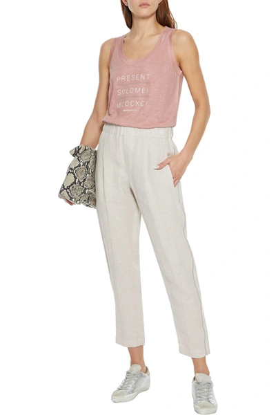Brunello Cucinelli Cropped Bead-embellished Linen-twill Tapered Pants In Neutral