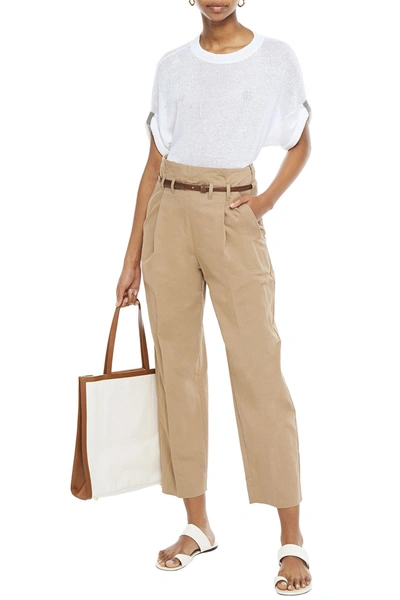 Brunello Cucinelli Cropped Belted Pleated Cotton-blend Straight-leg Pants In Camel